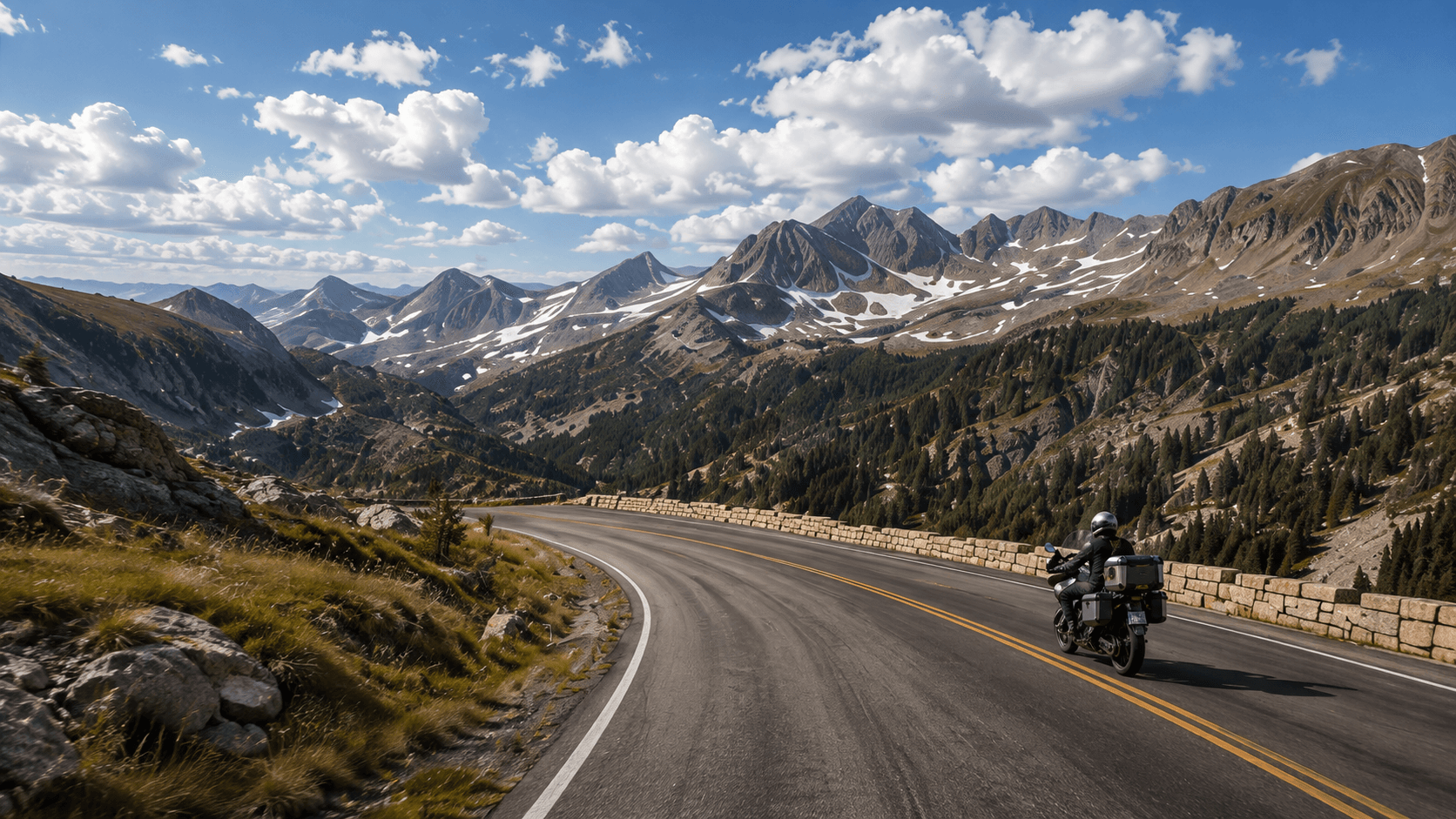 An adventure motorcycle on a sweeping high-alpine highway beneath rugged peaks